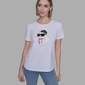 Karl Lagerfeld White Short Sleeve Tee with Graphic Kitten
